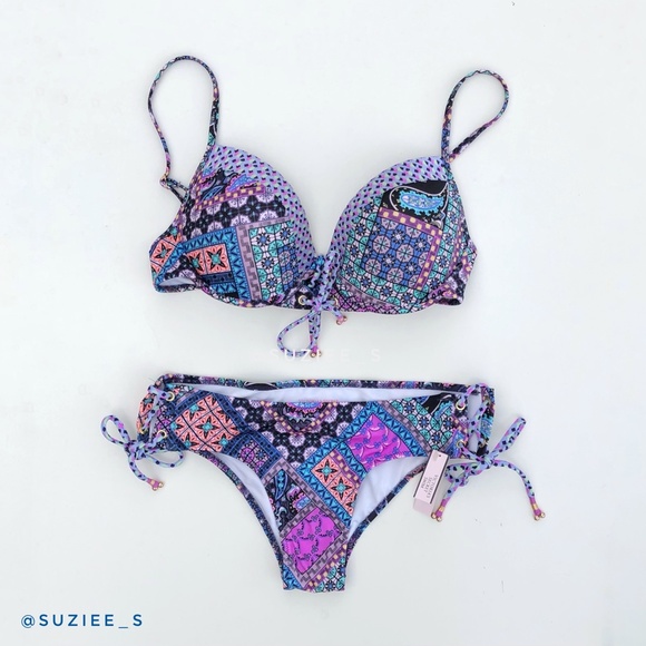 Victoria’s Secret Blue Patchwork Mosaic Print Lace up Bikini Set 34C/S NWT - Picture 14 of 14